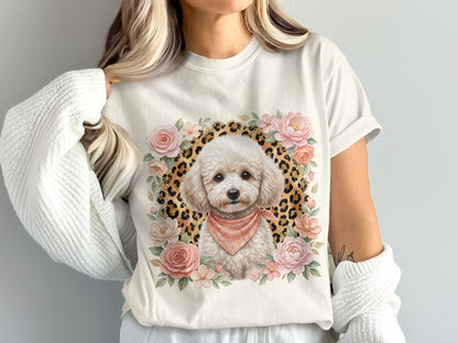 T-shirt with poodle illustration, floral accents, and leopard print frame.