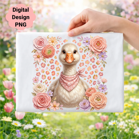 Cute duck with bandana surrounded by roses and leopard print background.