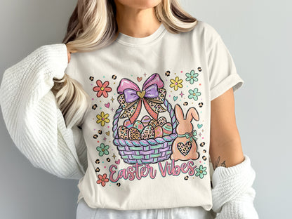 Easter basket with bunny, eggs, and "Easter Vibes" text surrounded by flowers.