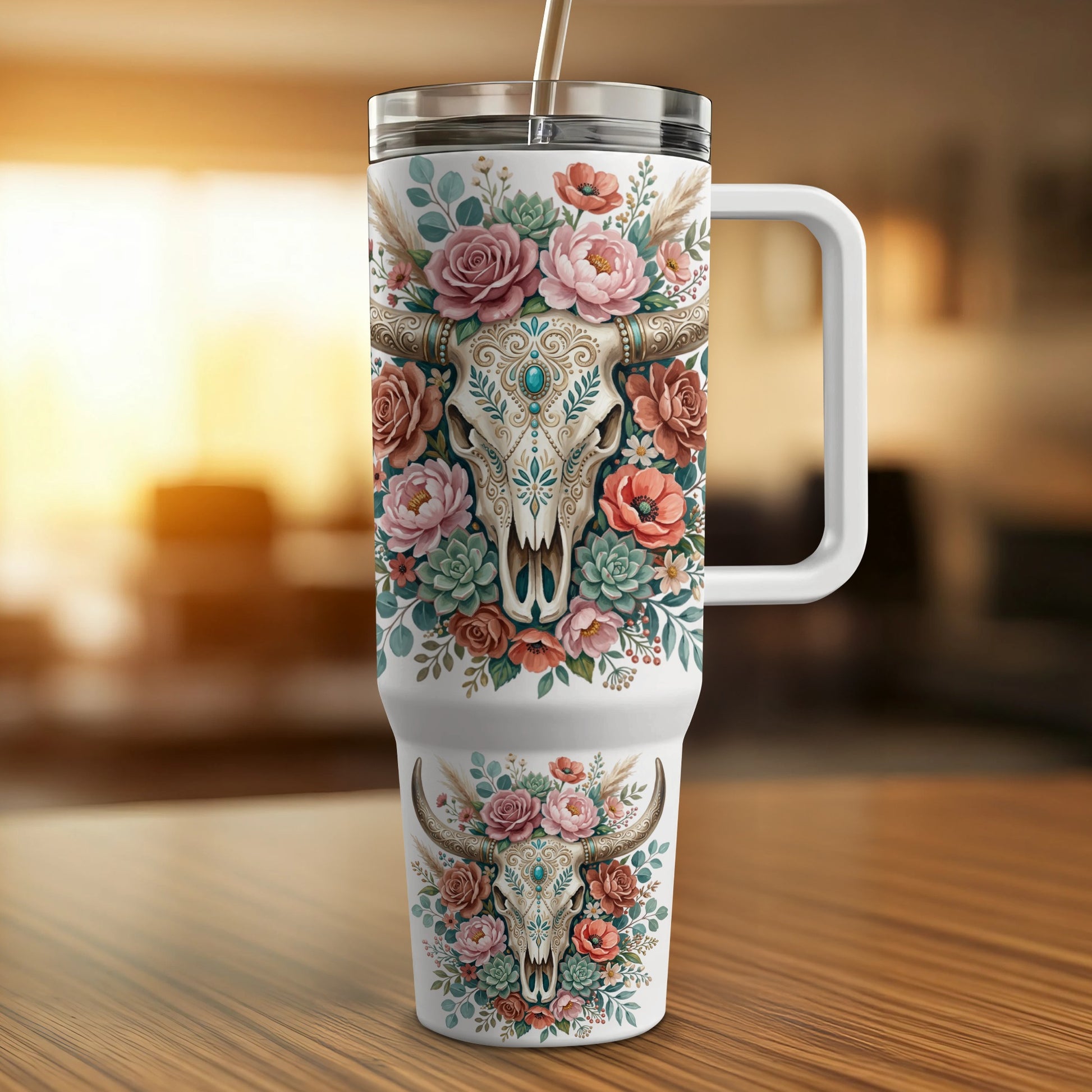 White tumbler with floral skull design and handle.