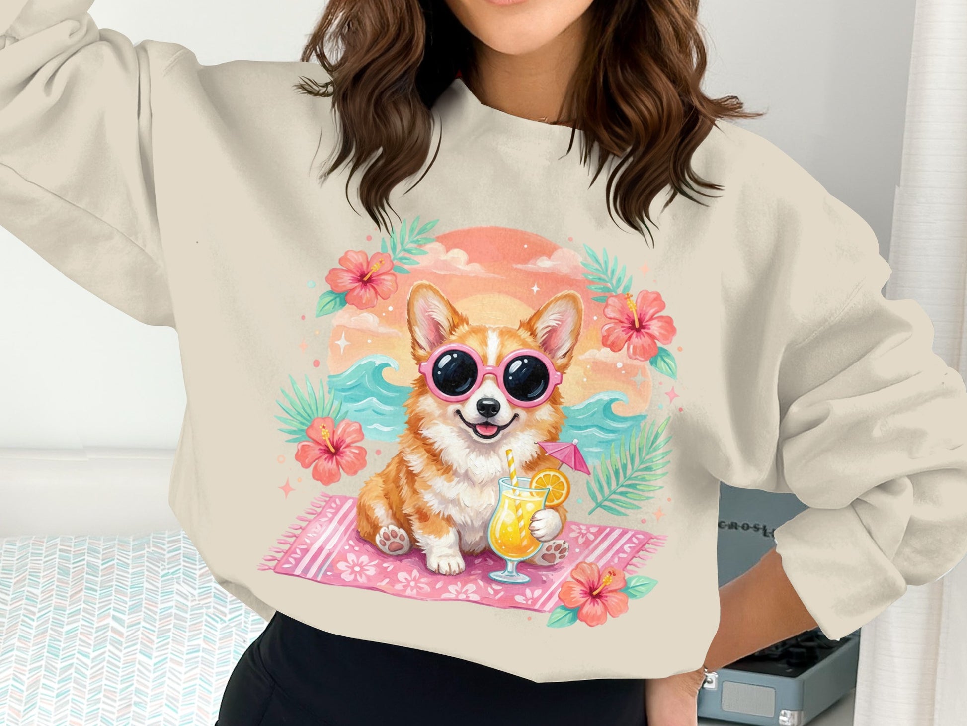 Corgi wearing sunglasses and drinking a cocktail on a beach.