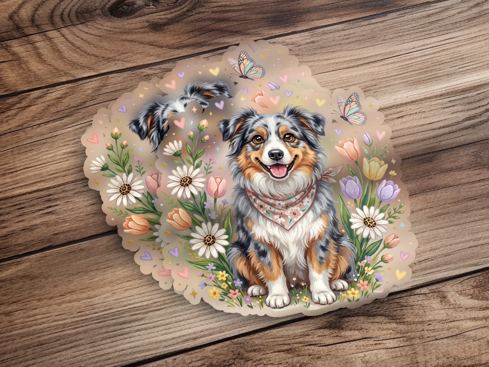 Australian Shepherd dog with flowers and butterflies on bandana.
