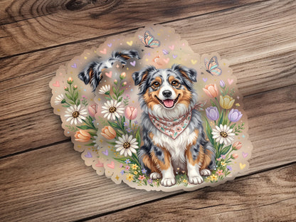 Australian Shepherd dog with flowers and butterflies on bandana.