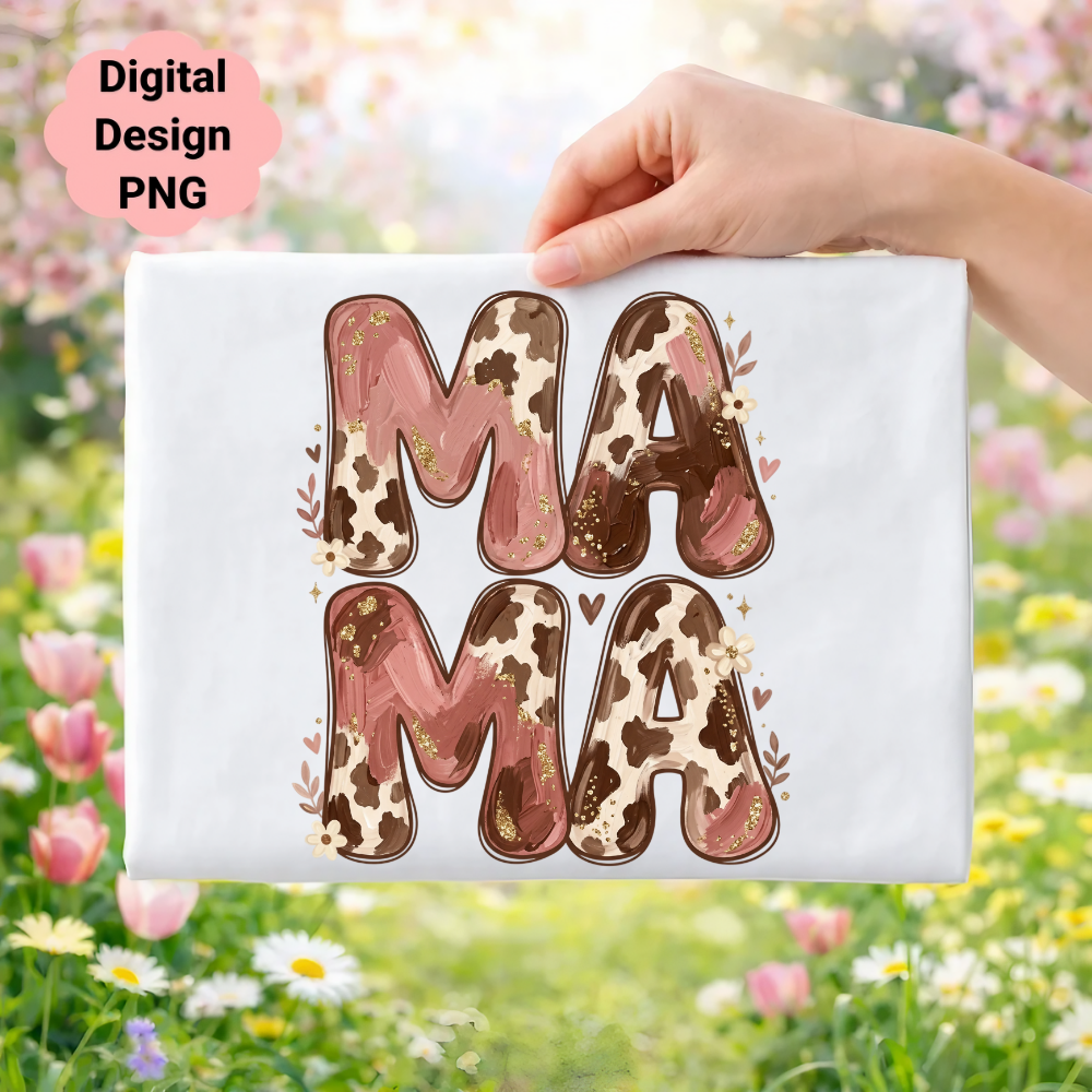 Mama design with cow print and floral accents on white fabric.