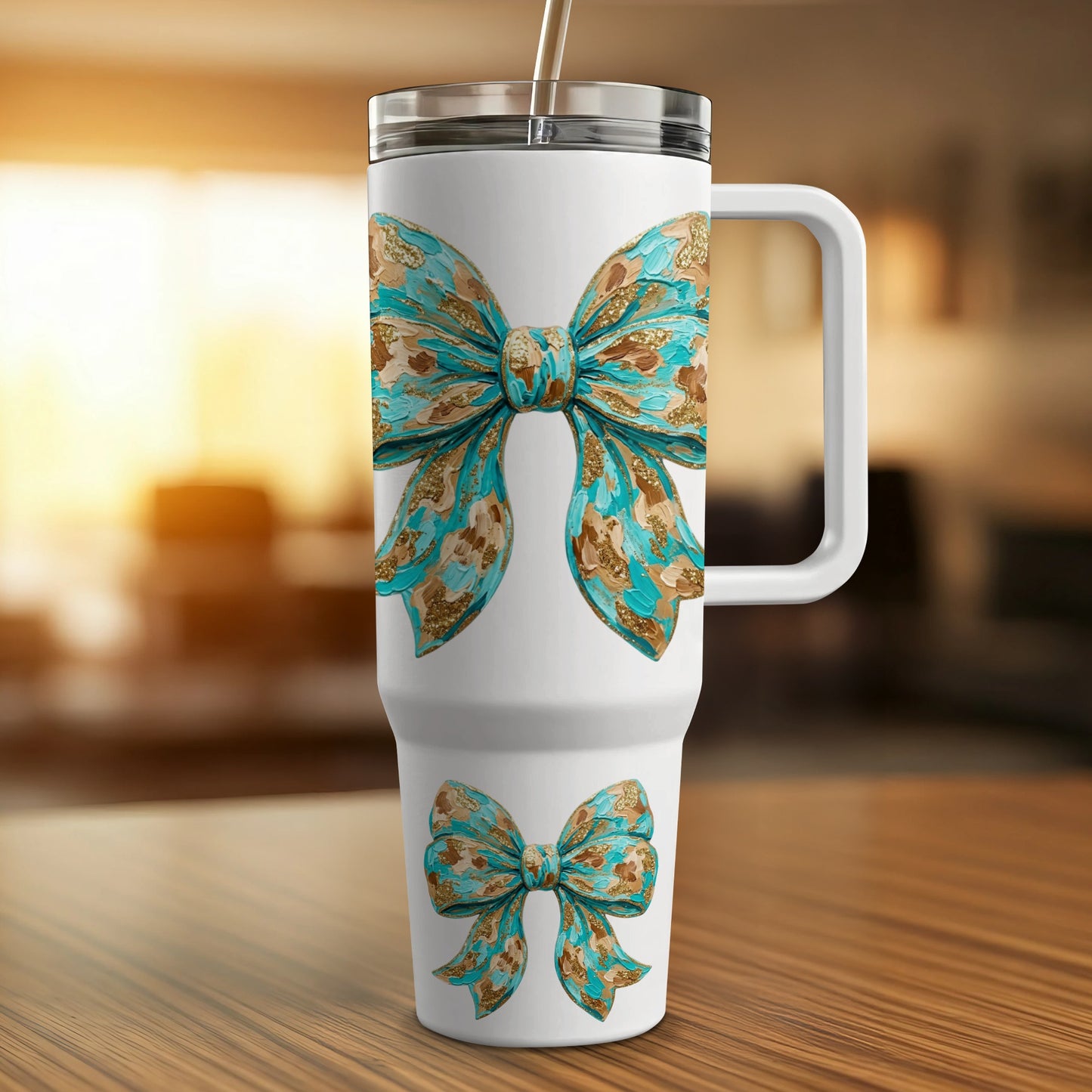 White travel tumbler with a blue and gold bow pattern, on a wooden surface.