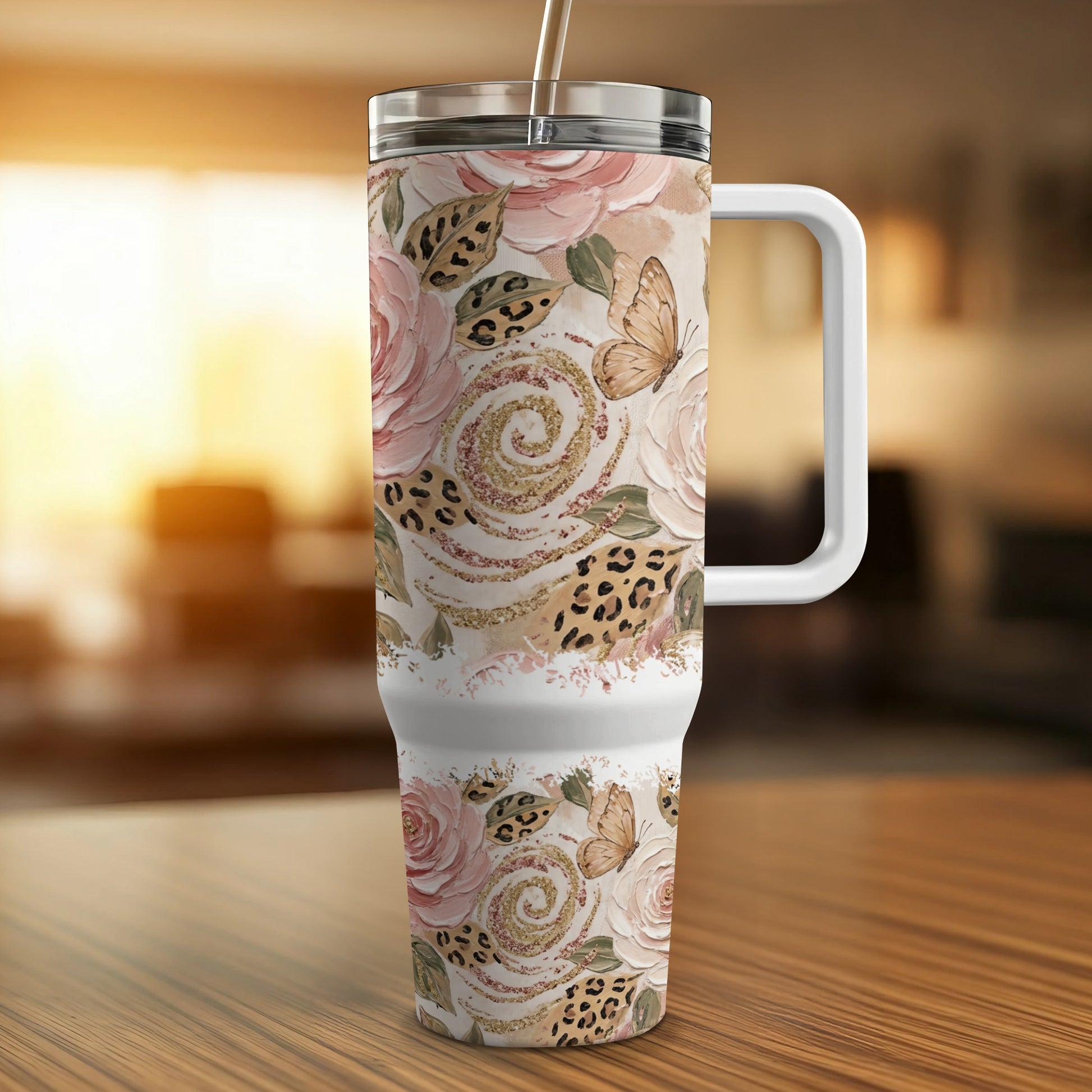 Floral and leopard print tumbler with butterfly accents and a white handle.