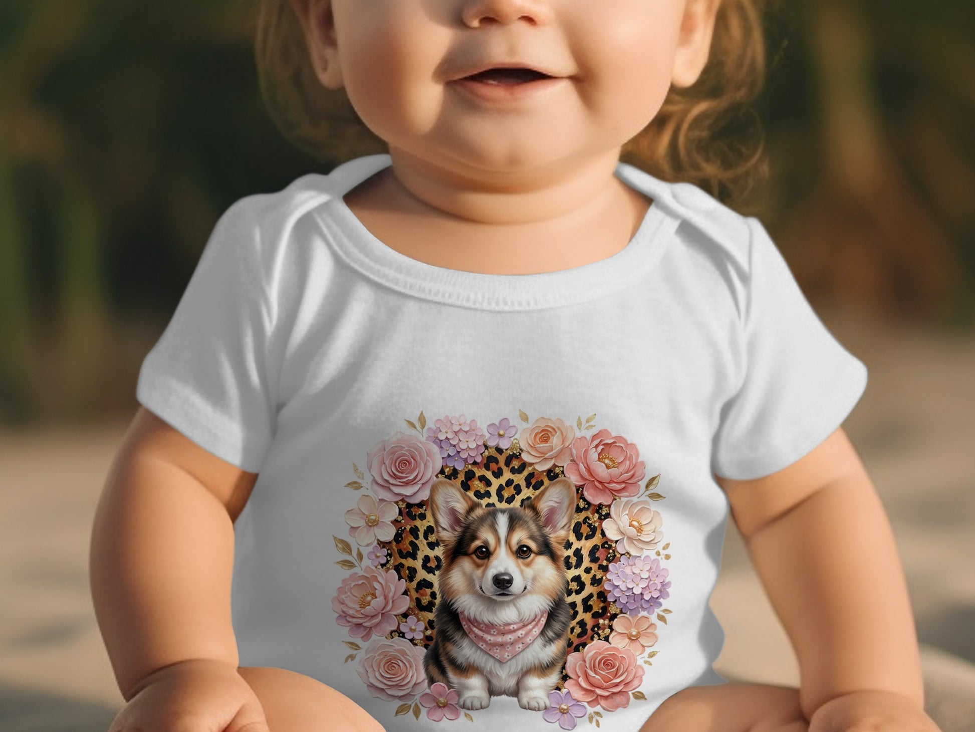 Baby in white bodysuit with corgi and floral print.