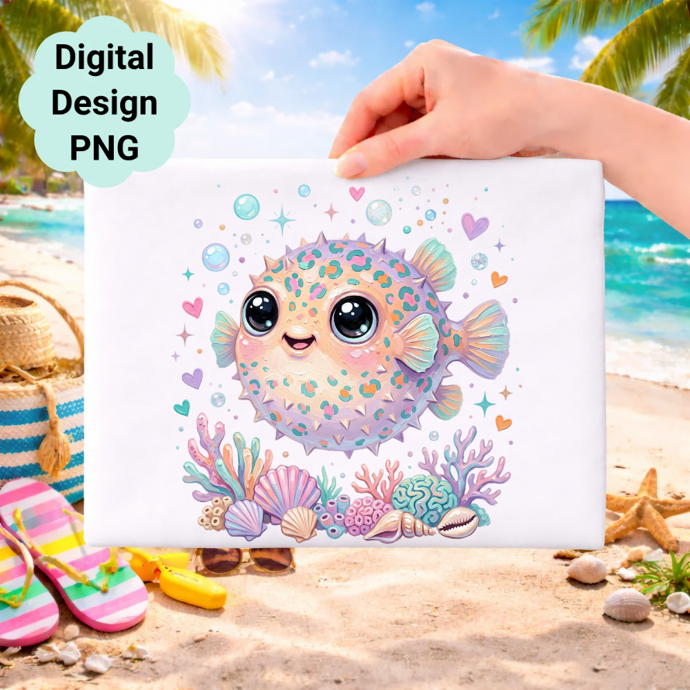 Cute pufferfish with big eyes and seashells on a beach.