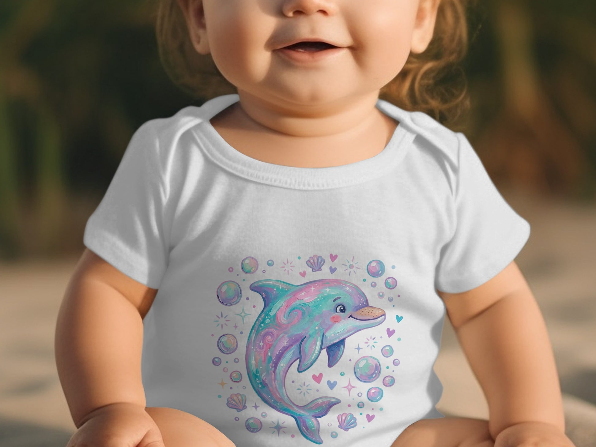 Baby in white bodysuit with a smiling dolphin and bubble design.