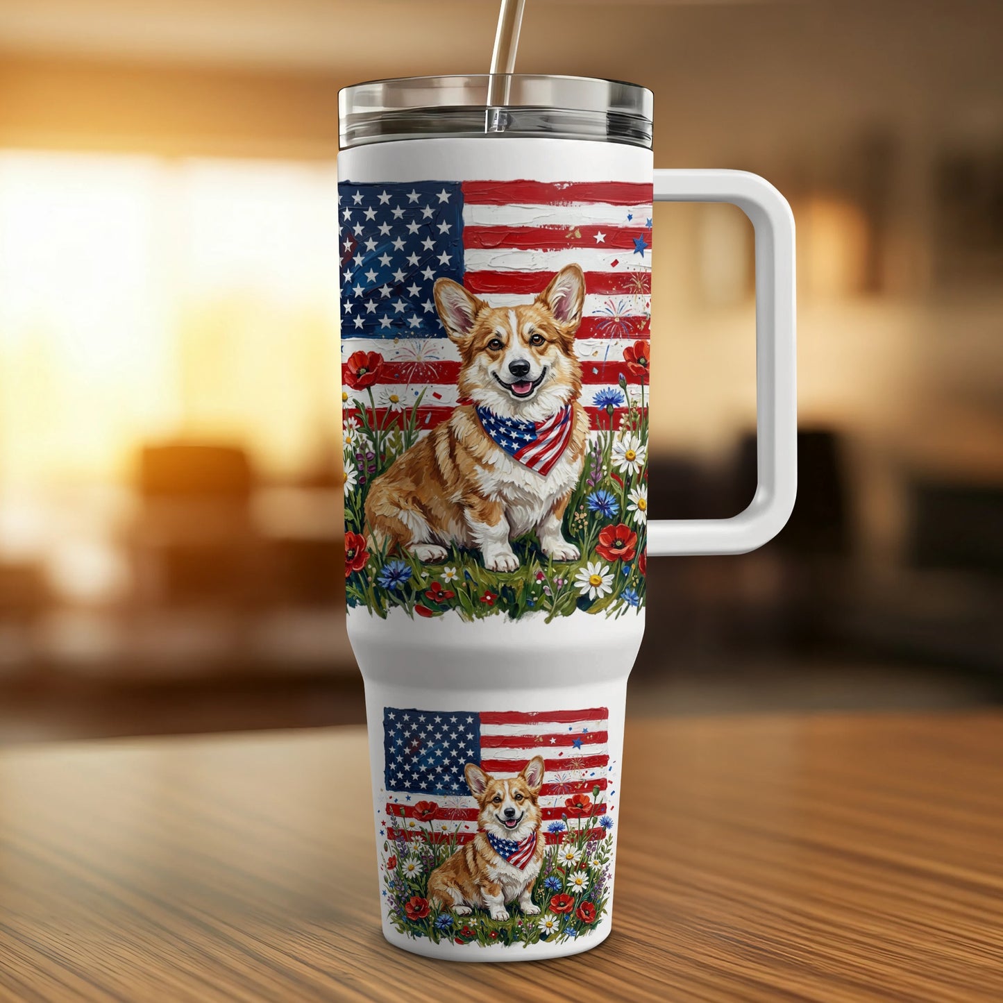 Corbin wearing bandana sits among flowers with American flag background on tumbler.