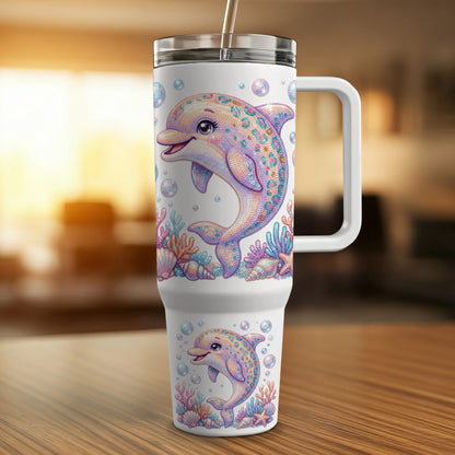 White tumbler with a cartoon dolphin and seashells design.