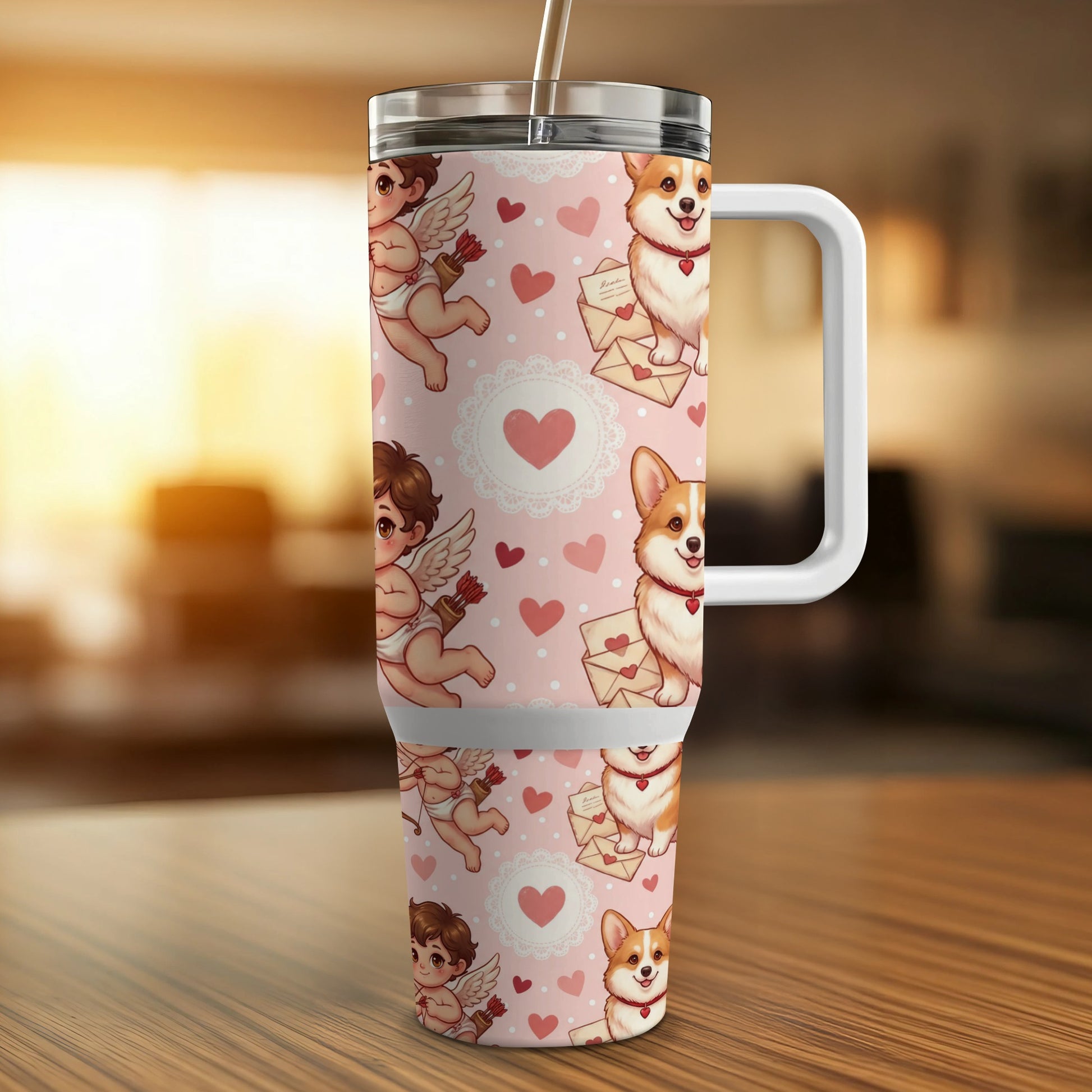 Pink tumbler with cupid and corgi dog hearts and envelopes design.
