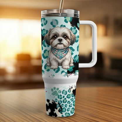 Dog wearing bandana on tumbler with leopard and cow print.