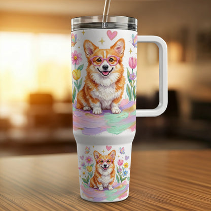Corgy with pink glasses on colorful background, with butterflies and tulips.
