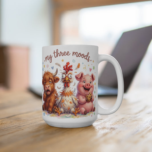 Mug with cartoon cow, chicken, and pig expressing "my three moods."