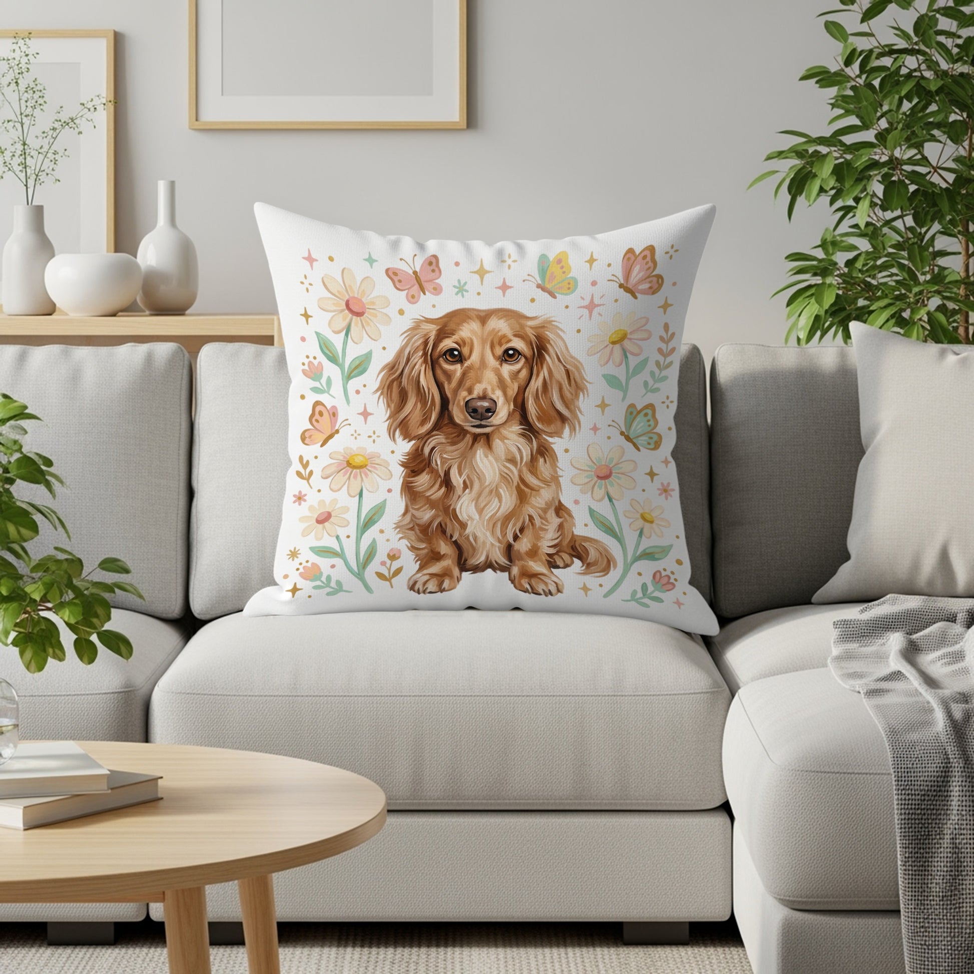 Brown dachshund with butterflies and flowers on a decorative pillow.