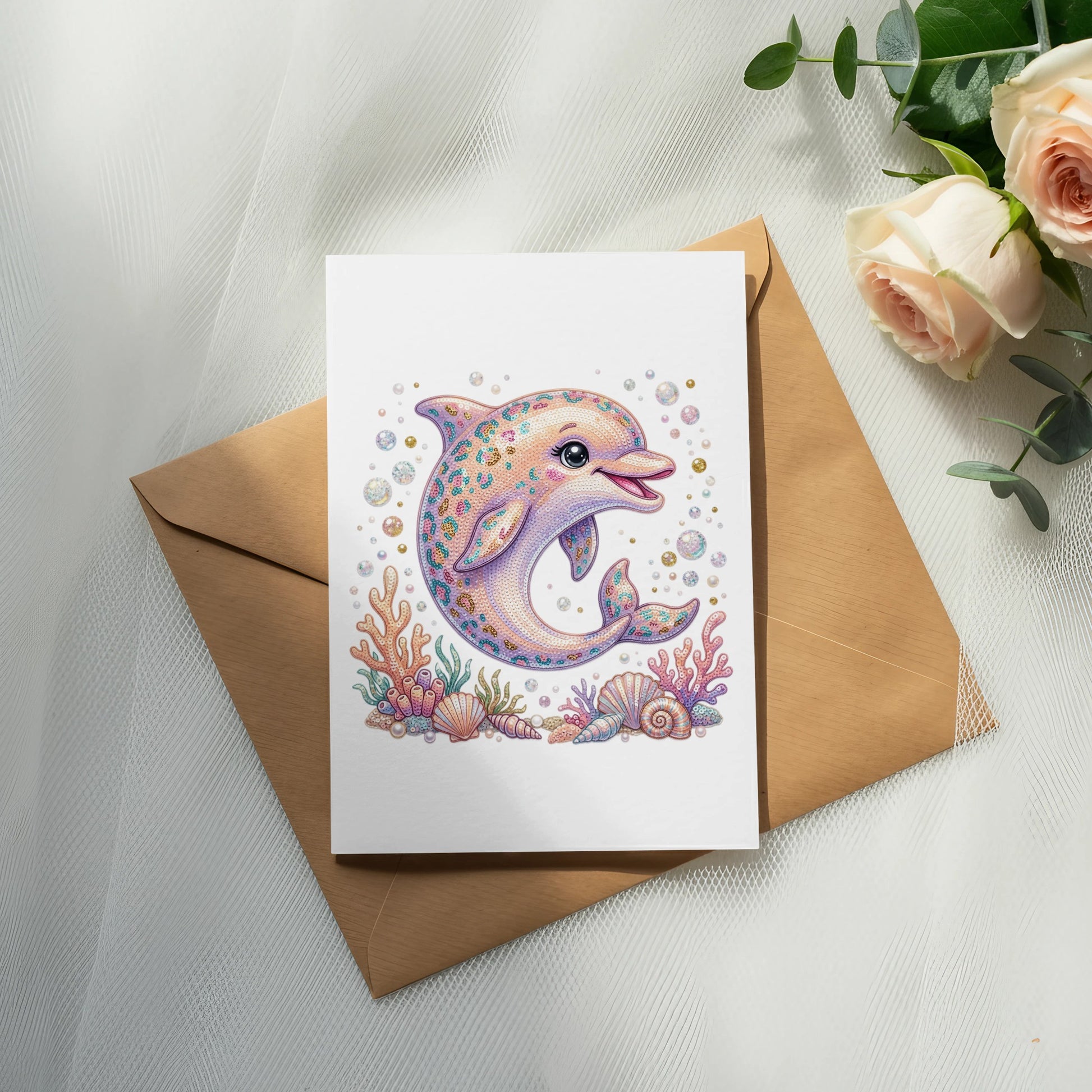 Card featuring a colorful dolphin with seashells and coral.
