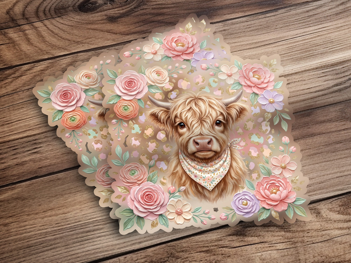 Highland cow with floral accents and a patterned bandana.