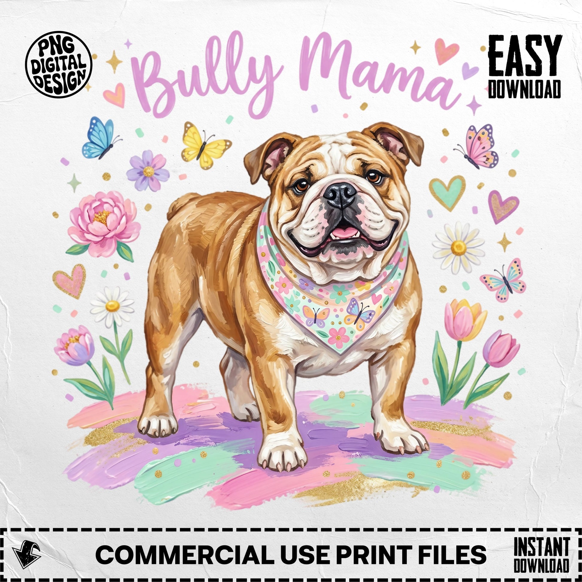 Bulldog wearing a patterned bandana with butterflies and flowers.