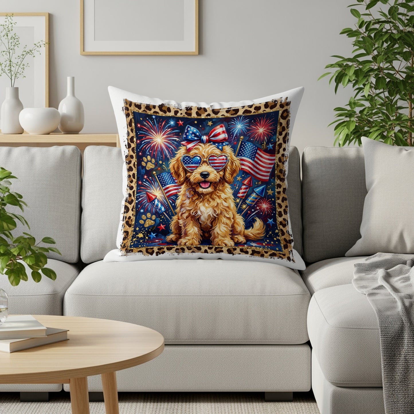 Golden retriever wearing sunglasses with fireworks and American flags on a throw pillow.