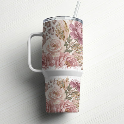 Floral and leopard print tumbler with a straw, on a white background.