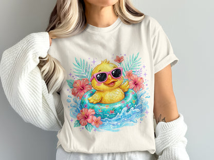 Cute yellow duck with sunglasses floats in a blue inner tube with flowers.