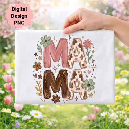 Mama text with cow print and floral accents on white fabric.