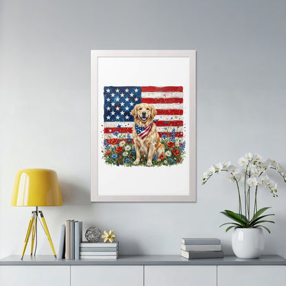 Golden retriever wearing bandana sits before American flag and flowers.