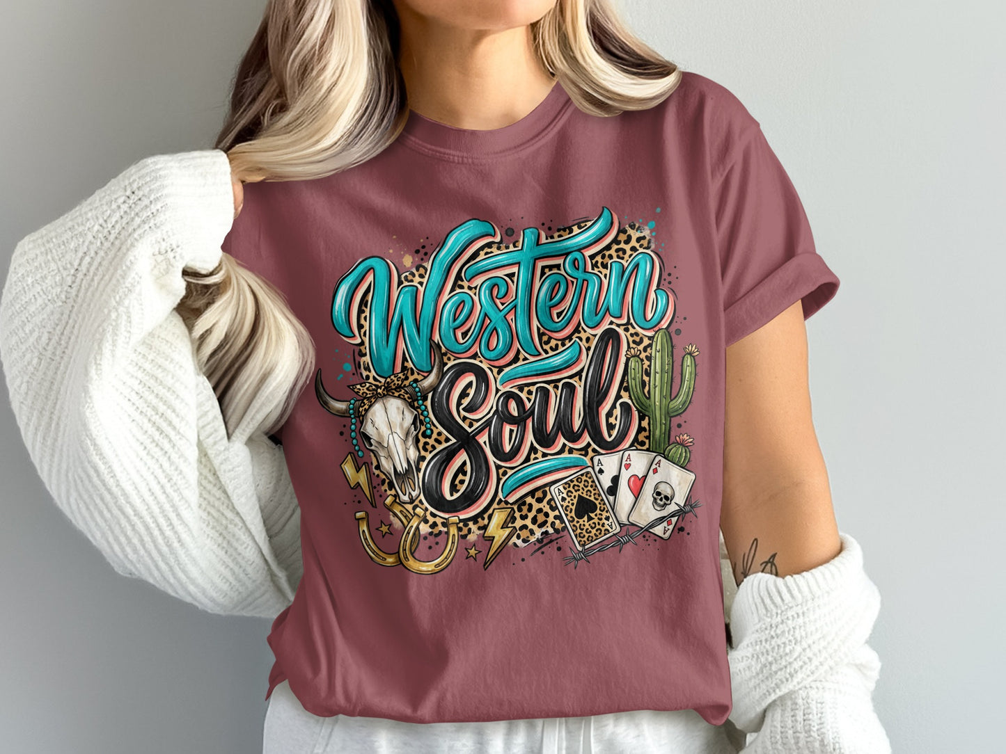 Maroon t-shirt with "Western Soul" graphic, skull, cactus, and playing cards.