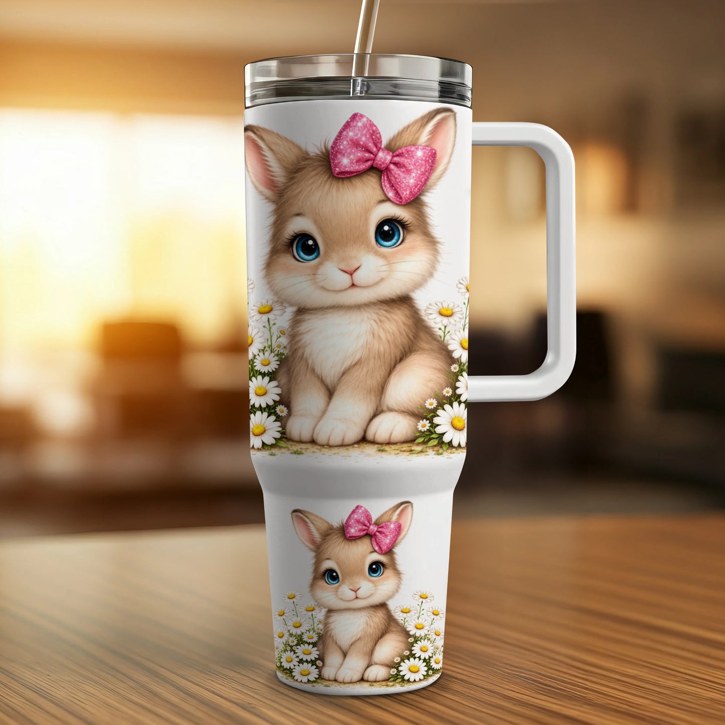 Cute cartoon bunny with pink bow on tumbler with floral background.