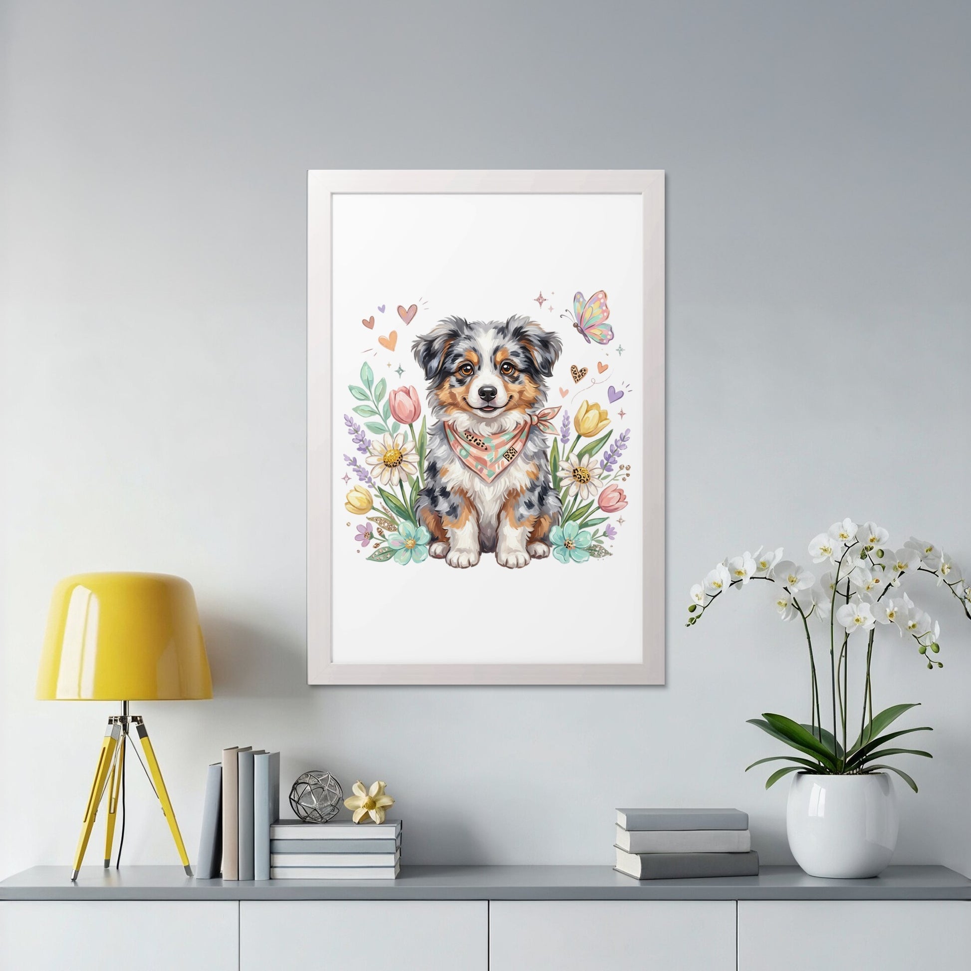 Watercolor Australian Shepherd puppy with butterfly and floral accents.