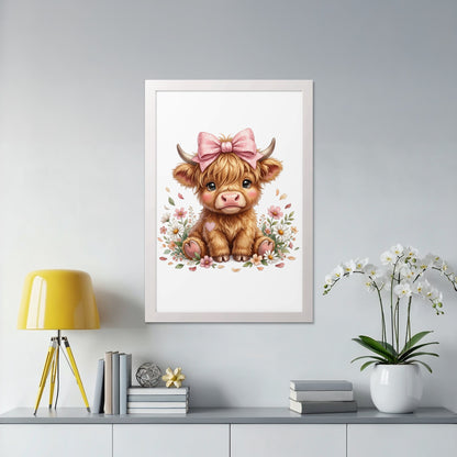 Cute Highland cow illustration with pink bow and flowers.