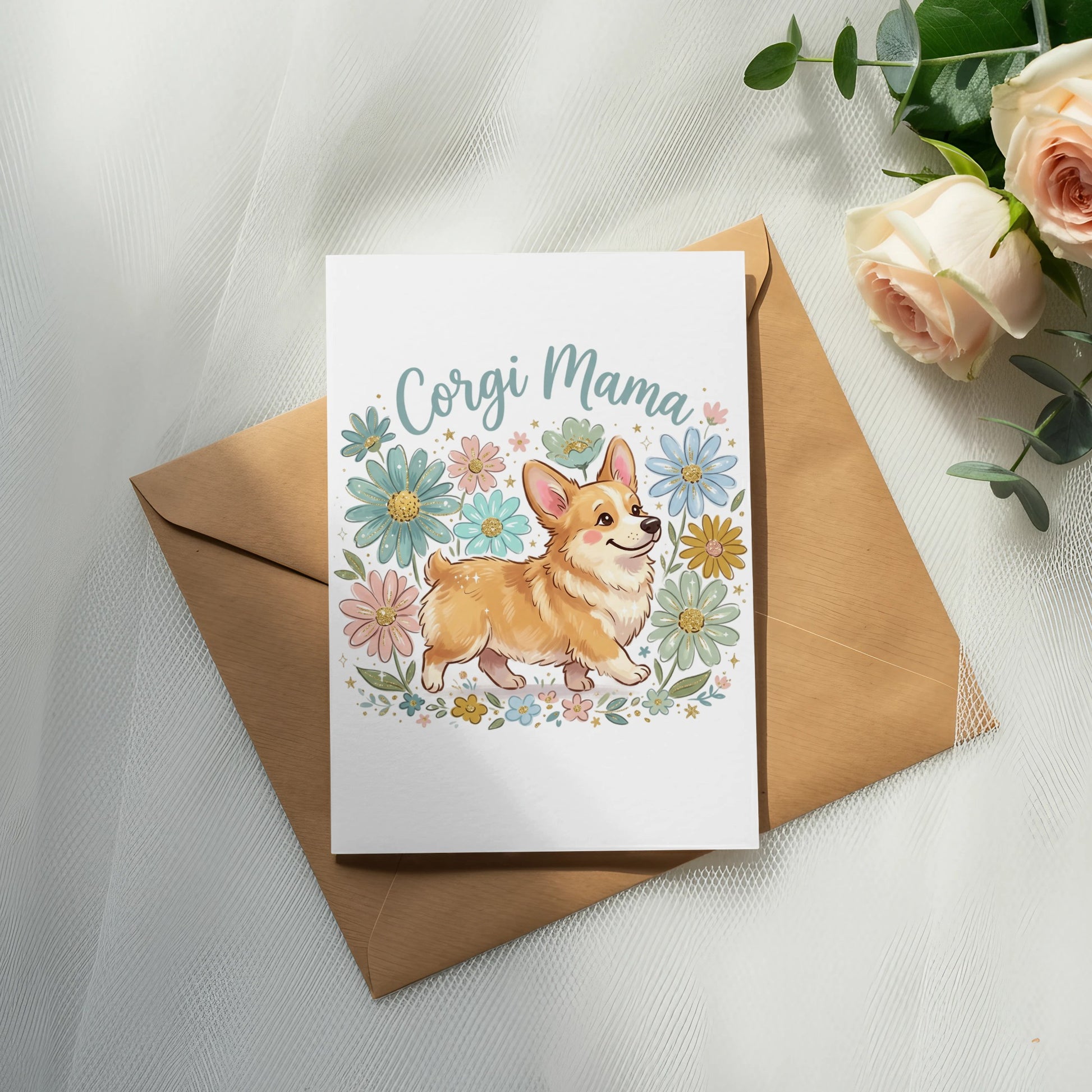 Card with "Corgi Mama" text and illustration of a corgi surrounded by flowers.