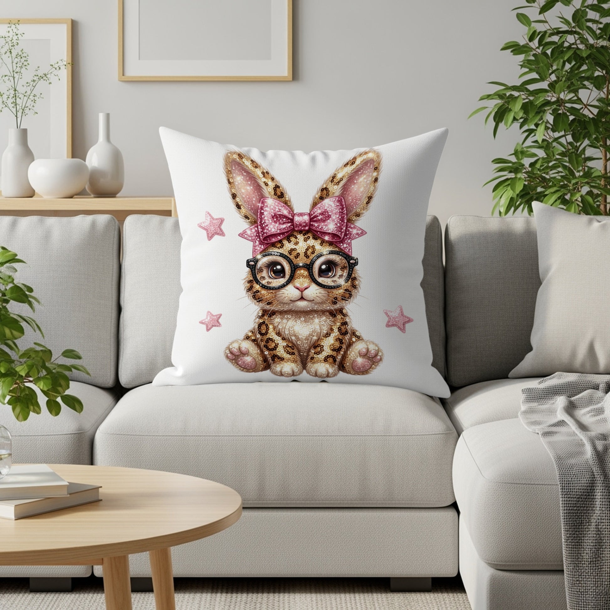 Leopard print bunny with pink bow, glasses, on a couch.