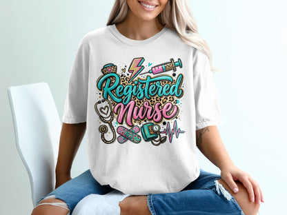 Registered Nurse graphic with medical icons on a white t-shirt.