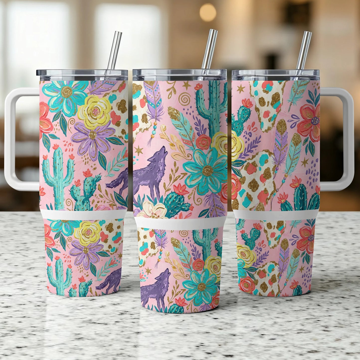 Three tumblers with a pastel floral, cactus, and wolf pattern.