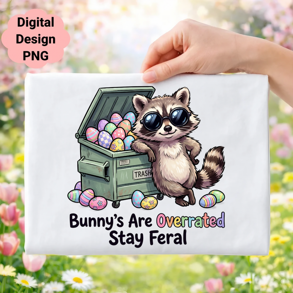 Raccoon wearing sunglasses next to trash can filled with Easter eggs, "Bunny's Are Overrated Stay Feral" text.