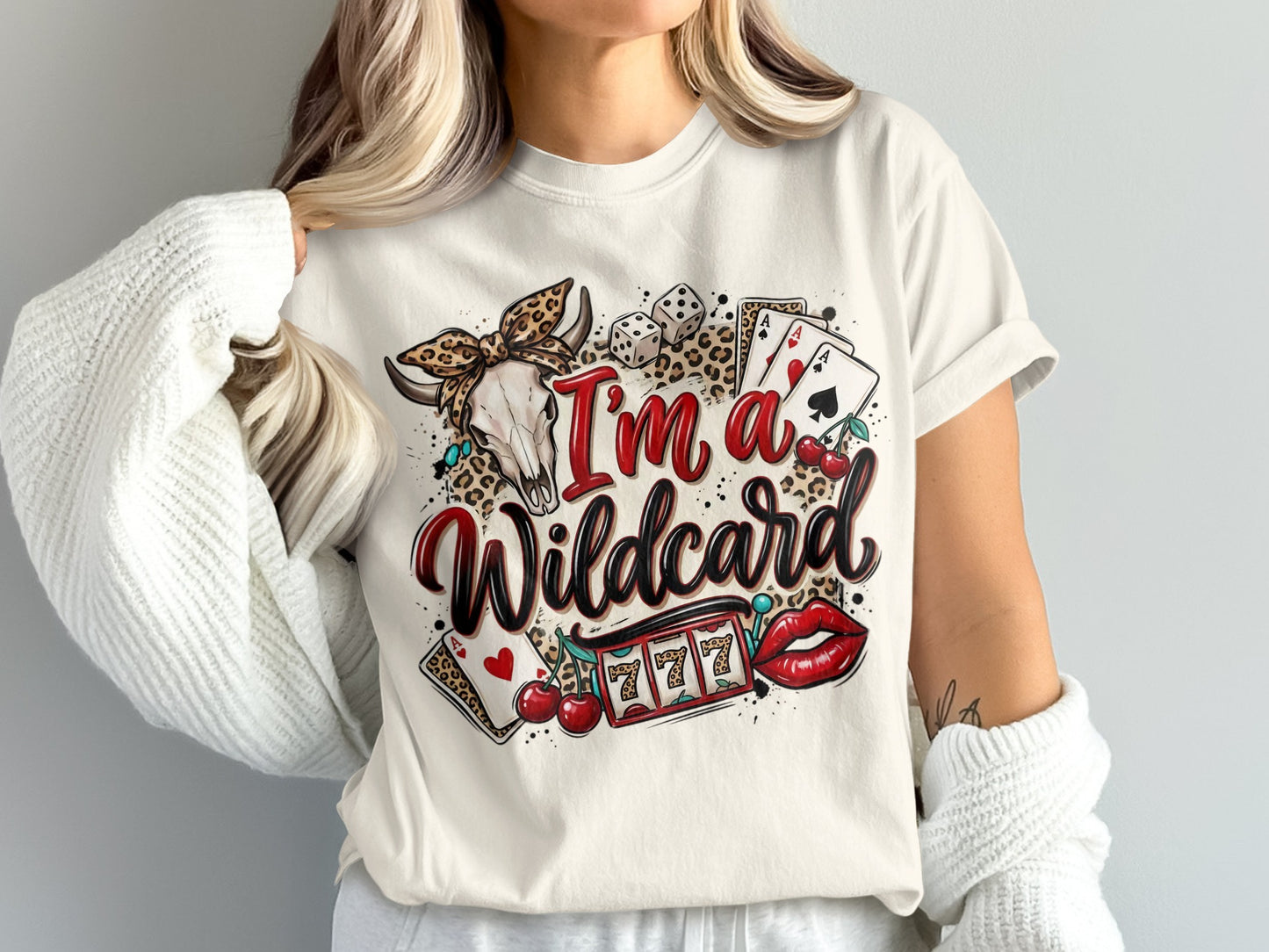 I'm a Wildcard text with cherries, dice, skull, slot machine, and lips.