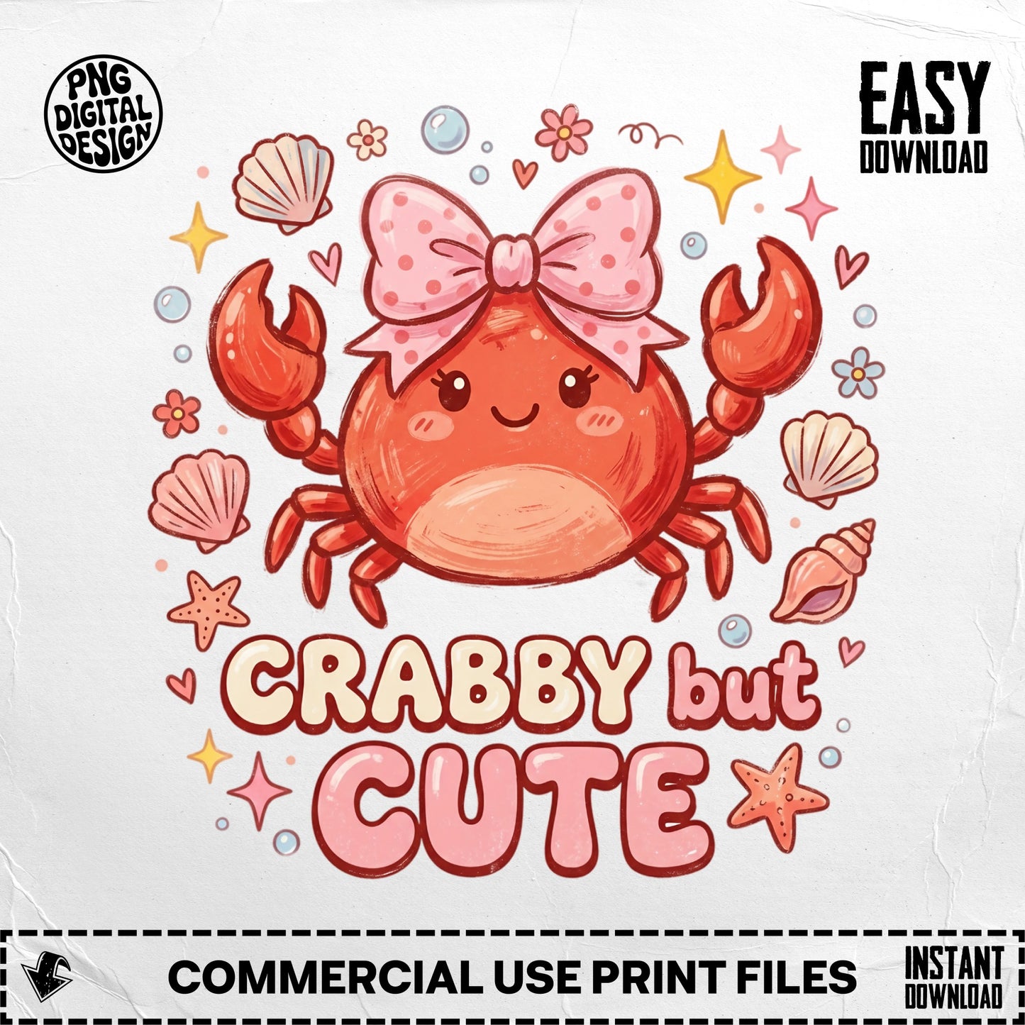 Crabby but cute crab with pink bow, shells, and stars, EASY DOWNLOAD.