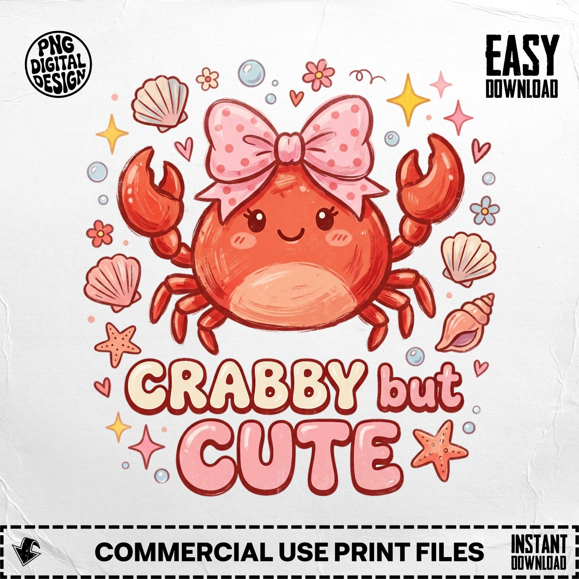 Crabby but cute crab with pink bow, shells, and stars, EASY DOWNLOAD.