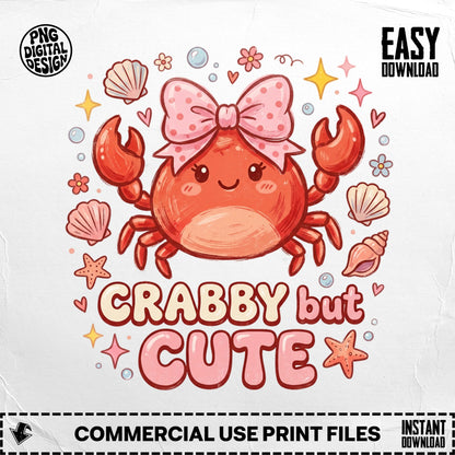 Crabby but cute crab with pink bow, shells, and stars, EASY DOWNLOAD.