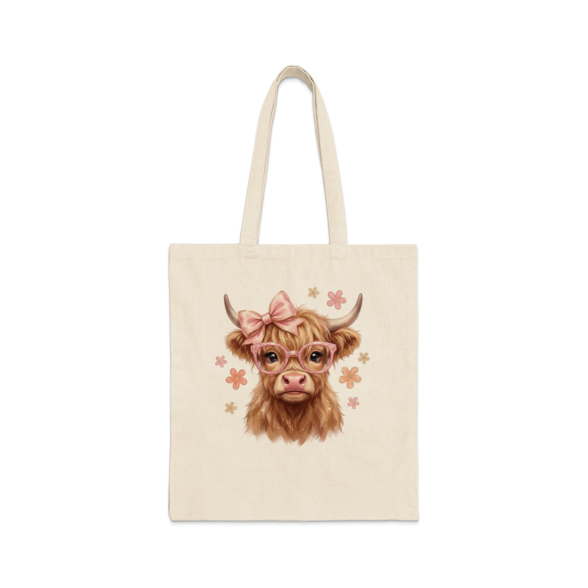 Tote bag with a Highland cow wearing glasses and a pink bow.