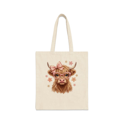 Tote bag with a Highland cow wearing glasses and a pink bow.