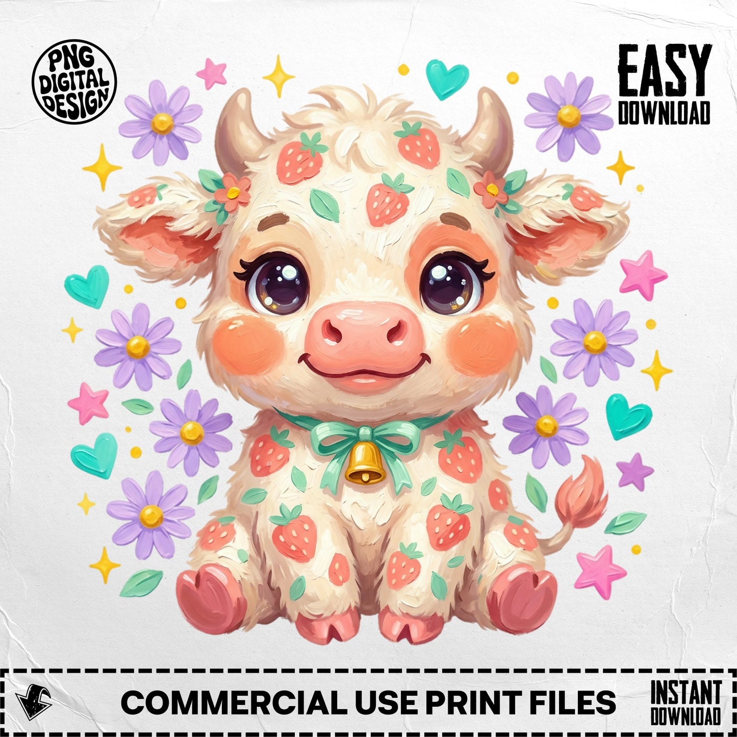 Cute strawberry cow wearing a green bow surrounded by flowers.