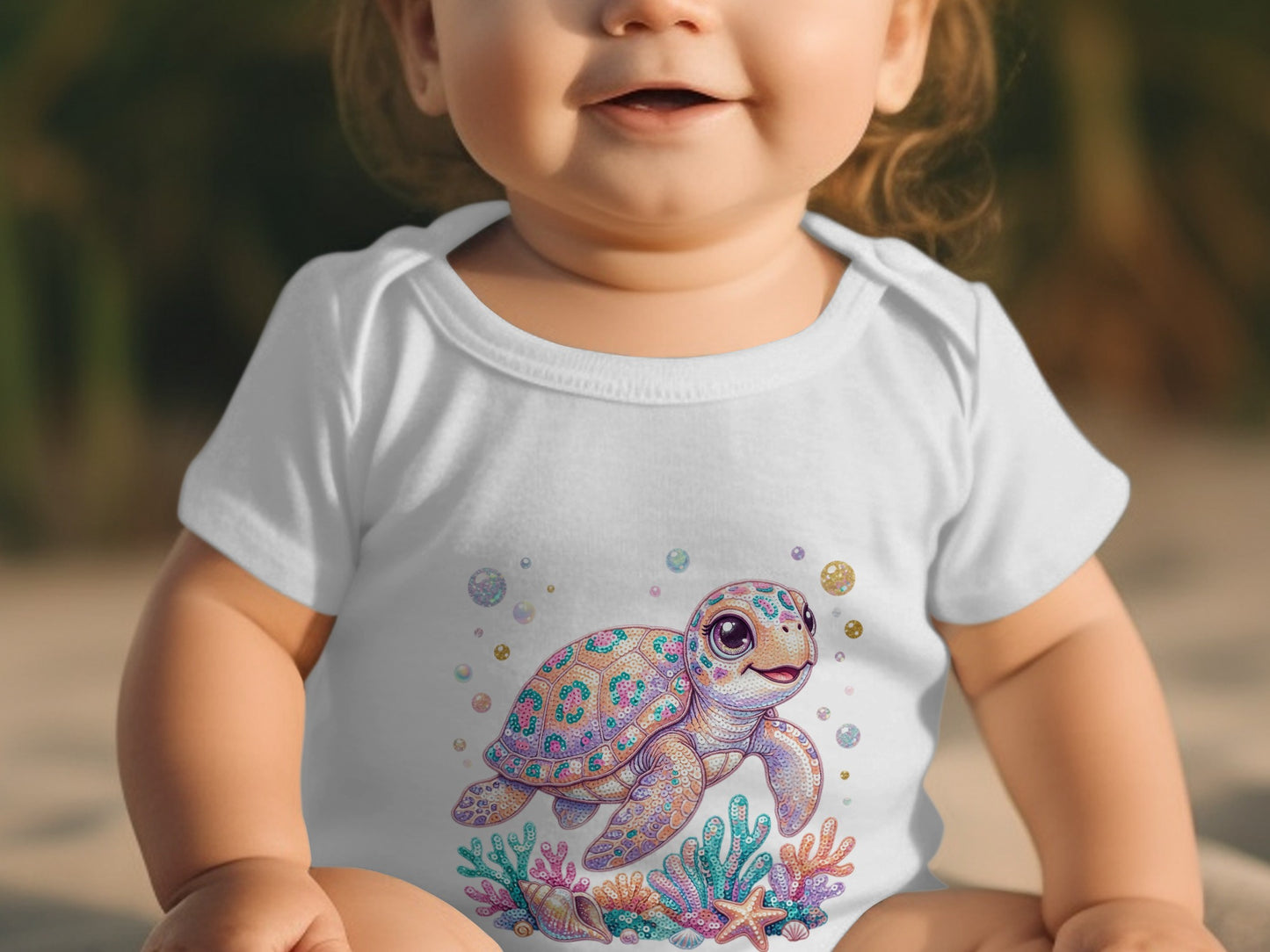 Baby in white onesie with a cartoon sea turtle and coral reef design.