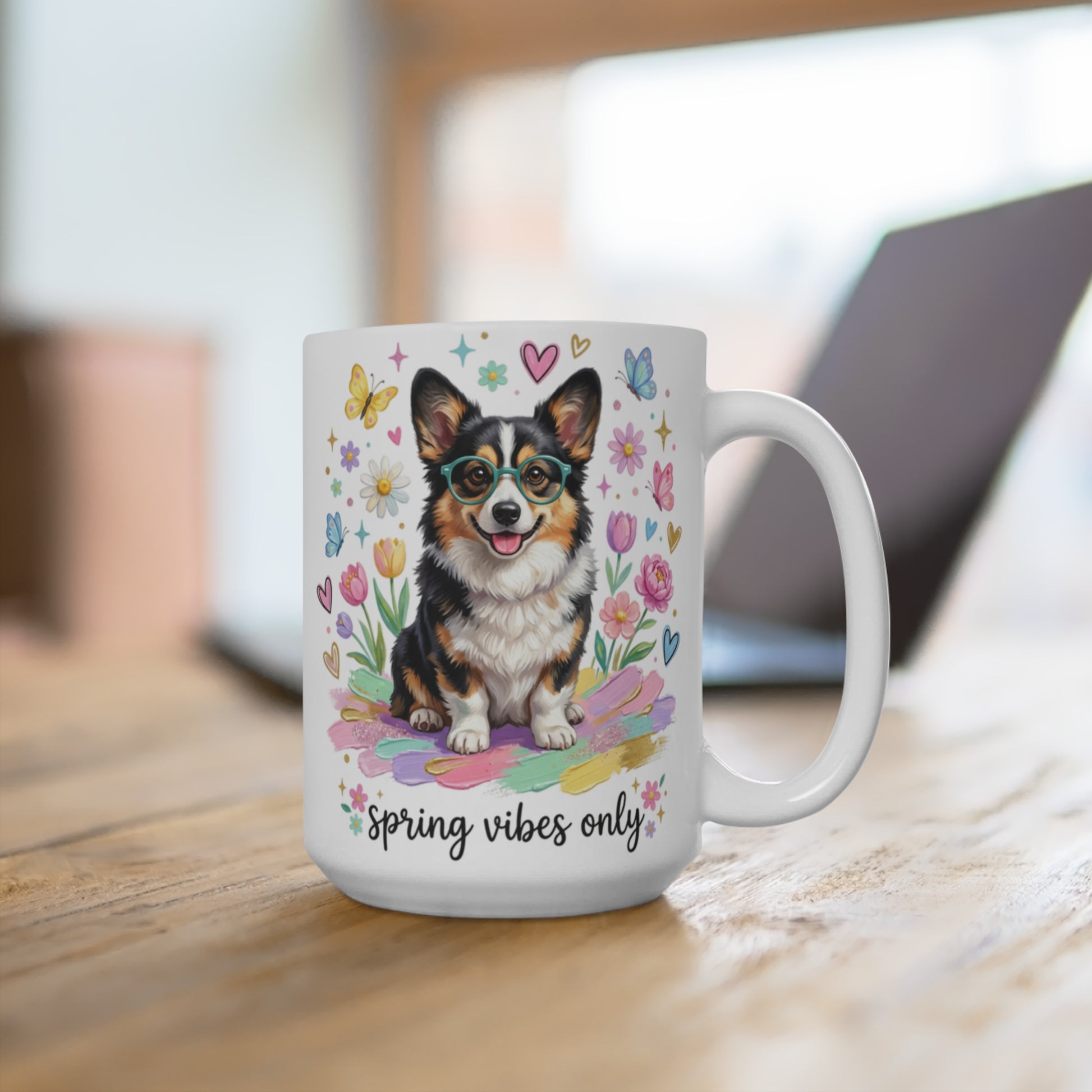 Corgi wearing glasses sits among spring flowers and butterflies with "spring vibes only" text.