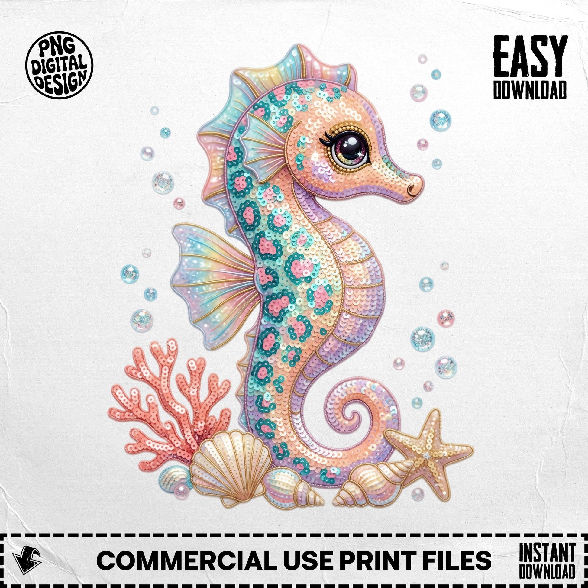 Seahorse with sequins, coral, shells, and starfish.