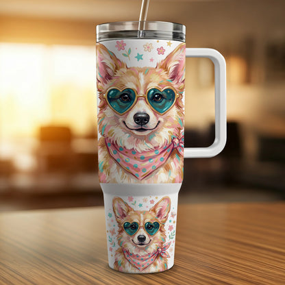 Corgi wearing heart sunglasses and a bandana on a patterned tumbler.