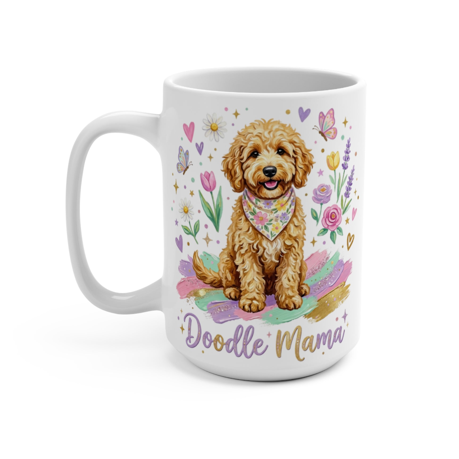 Goldendoodle dog wearing a bandana on a colorful background with flowers and hearts.