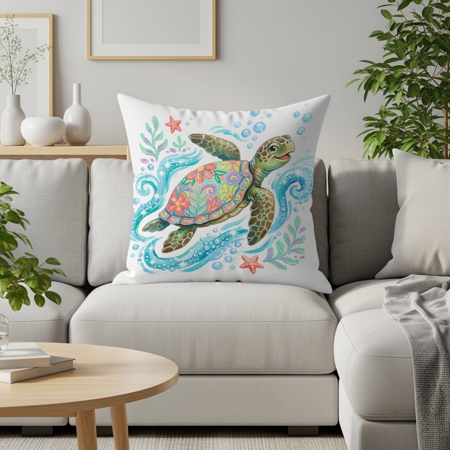Sea turtle with floral pattern on a cushion on a sofa.
